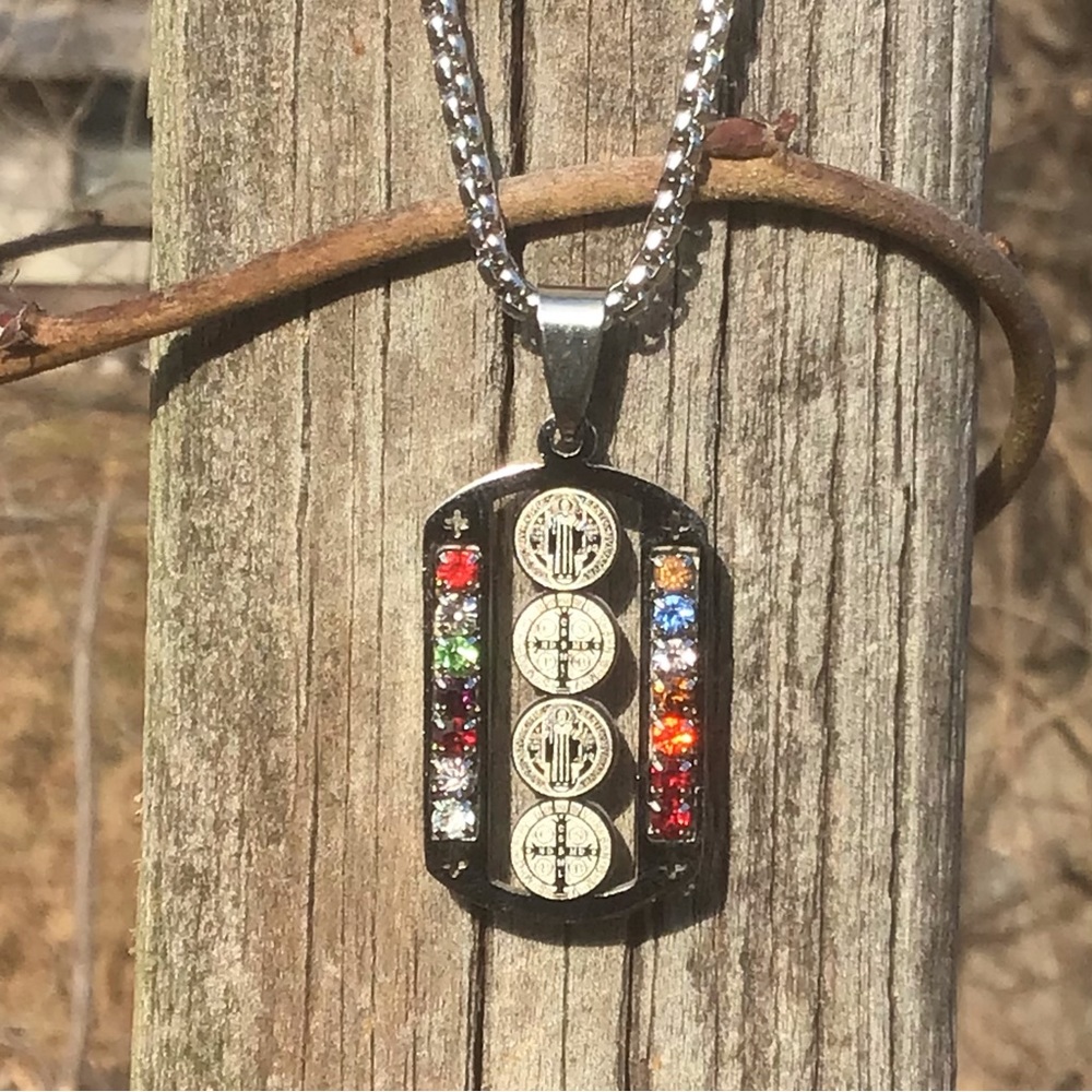 SAINT BENEDICT SAN BENITO CROSS PENDANT NECKLACE STAINLESS STEEL Crystal Jewels